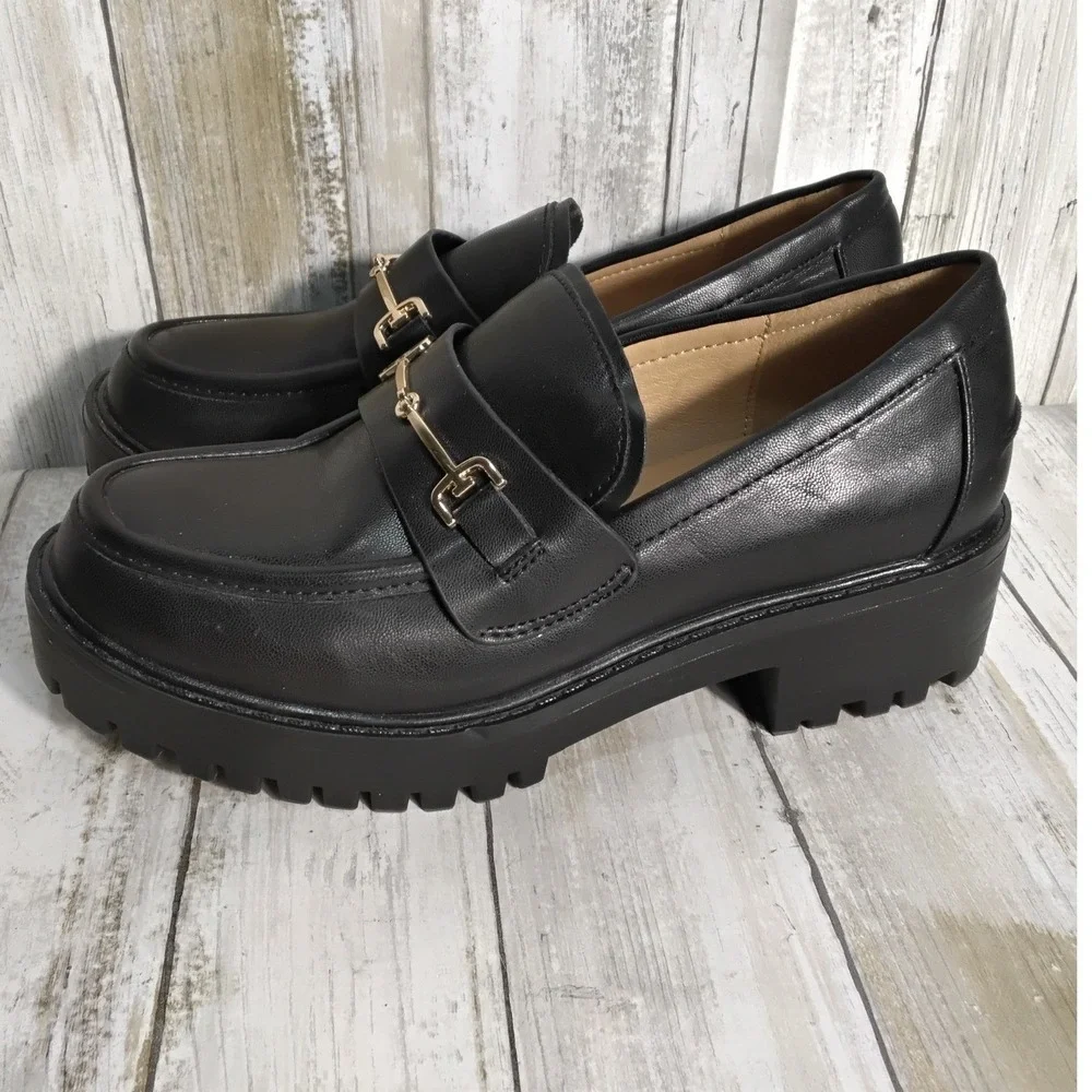 ZBY Black Leather Lug Sole Loafers Women's Size 5 Chunky Platform Horsebit shoe